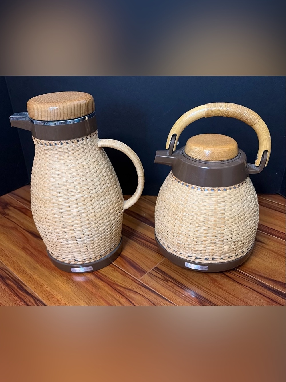 Vintage Zojirushi/Corning Rattan Thermal Carafe & Kettle Set - MCM Showa Retro